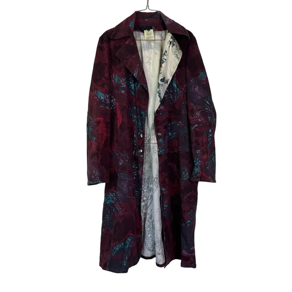 Just Cavalli by Roberto Cavalli Y2K Metallic‎ Paint Splatter Maroon Trench Coat - Picture 2 of 12